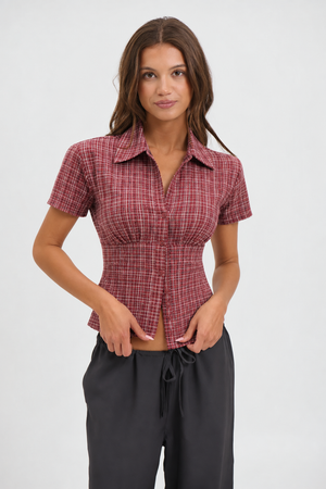 Cinched Checks Cap Sleeve Shirt