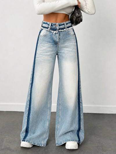 Blue Raw Track Extra Wide Leg Jeans