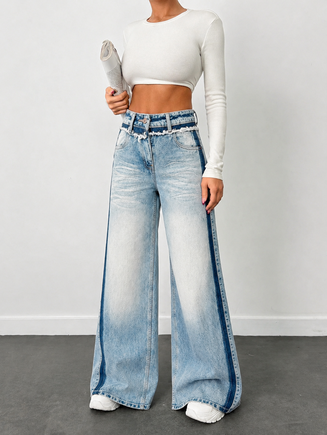 Blue Raw Track Extra Wide Leg Jeans