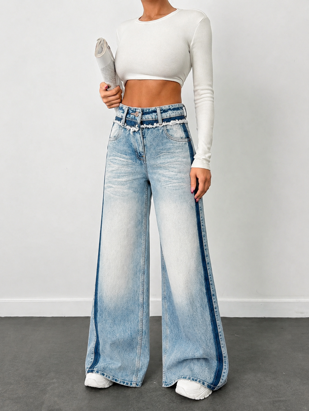 Blue Raw Track Extra Wide Leg Jeans