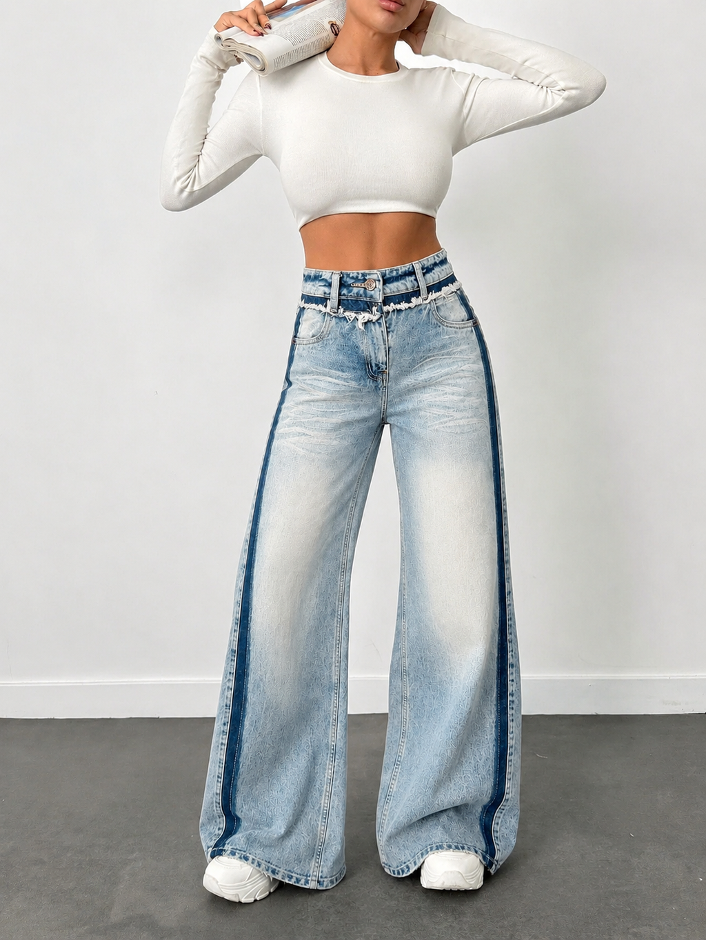 Blue Raw Track Extra Wide Leg Jeans