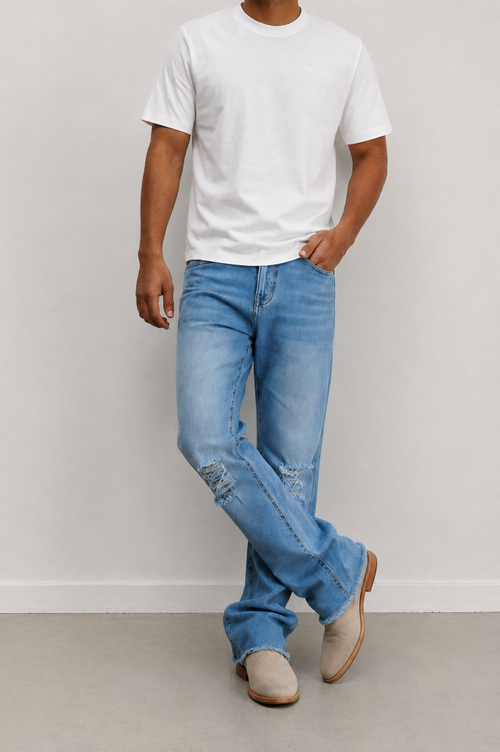 Blue Raw Cut Slim Bootcut Jeans