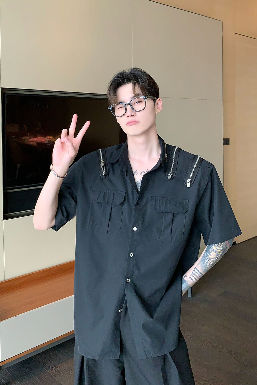 Korean Men In Black Shirt VANAQ Black Shirt Mens Long Sleeve