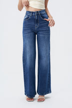 Mid Blue Overcast Wash High Waist Wide Leg Jeans