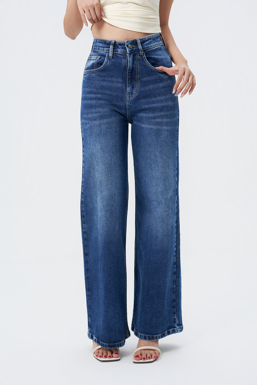 Mid Blue Overcast Wash High Waist Wide Leg Jeans – Offduty India
