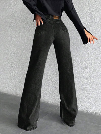 Onyx Black Stone Wash Wide Leg High Rise Jeans