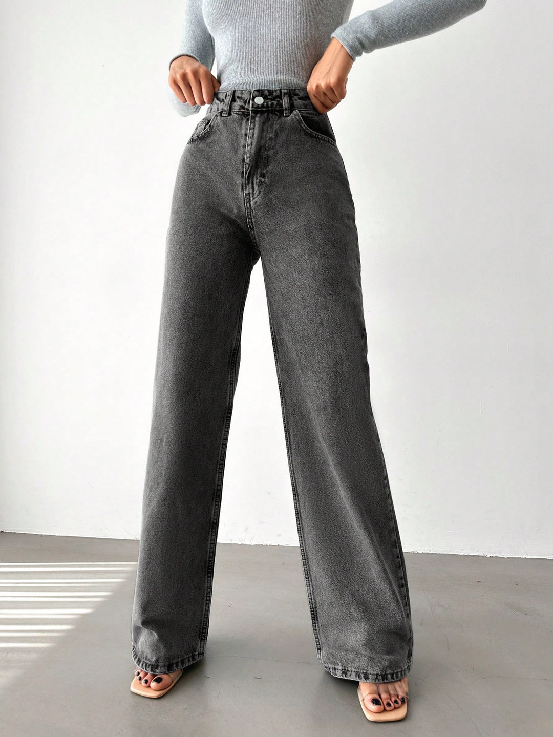 Charcoal Wide Leg High Rise Jeans - Main Image