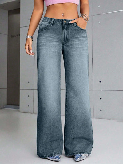 Blue Brushed Wide Leg Jeans