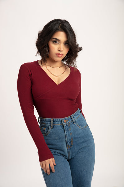 Burgundy V Neck full Sleeves Top