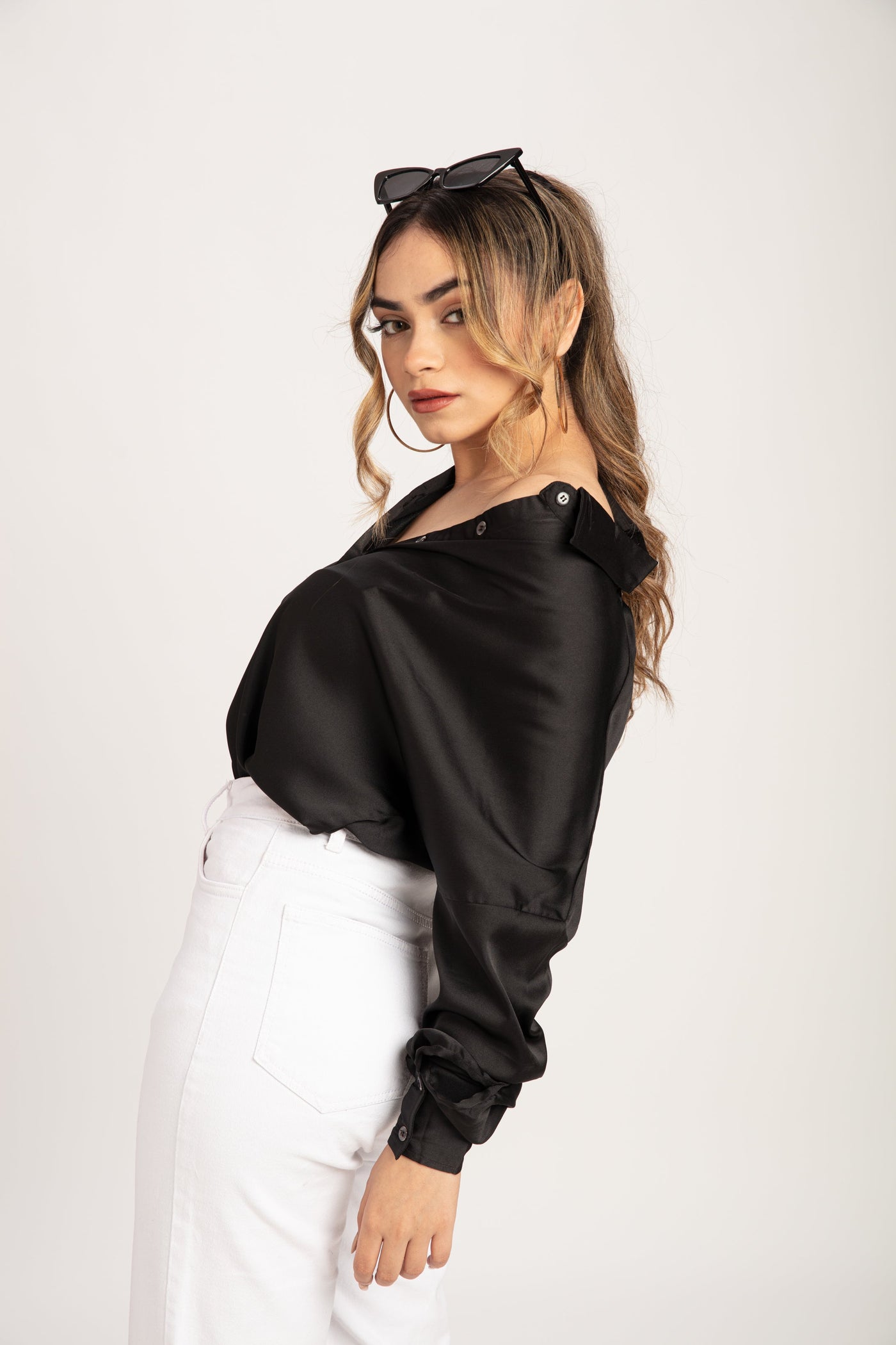 Elegant Black Satin Drop Shoulder shirt