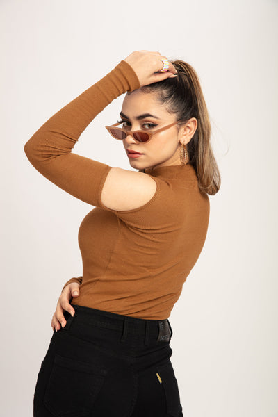 Teddy Brown Cold Shoulder Mock Neck Top