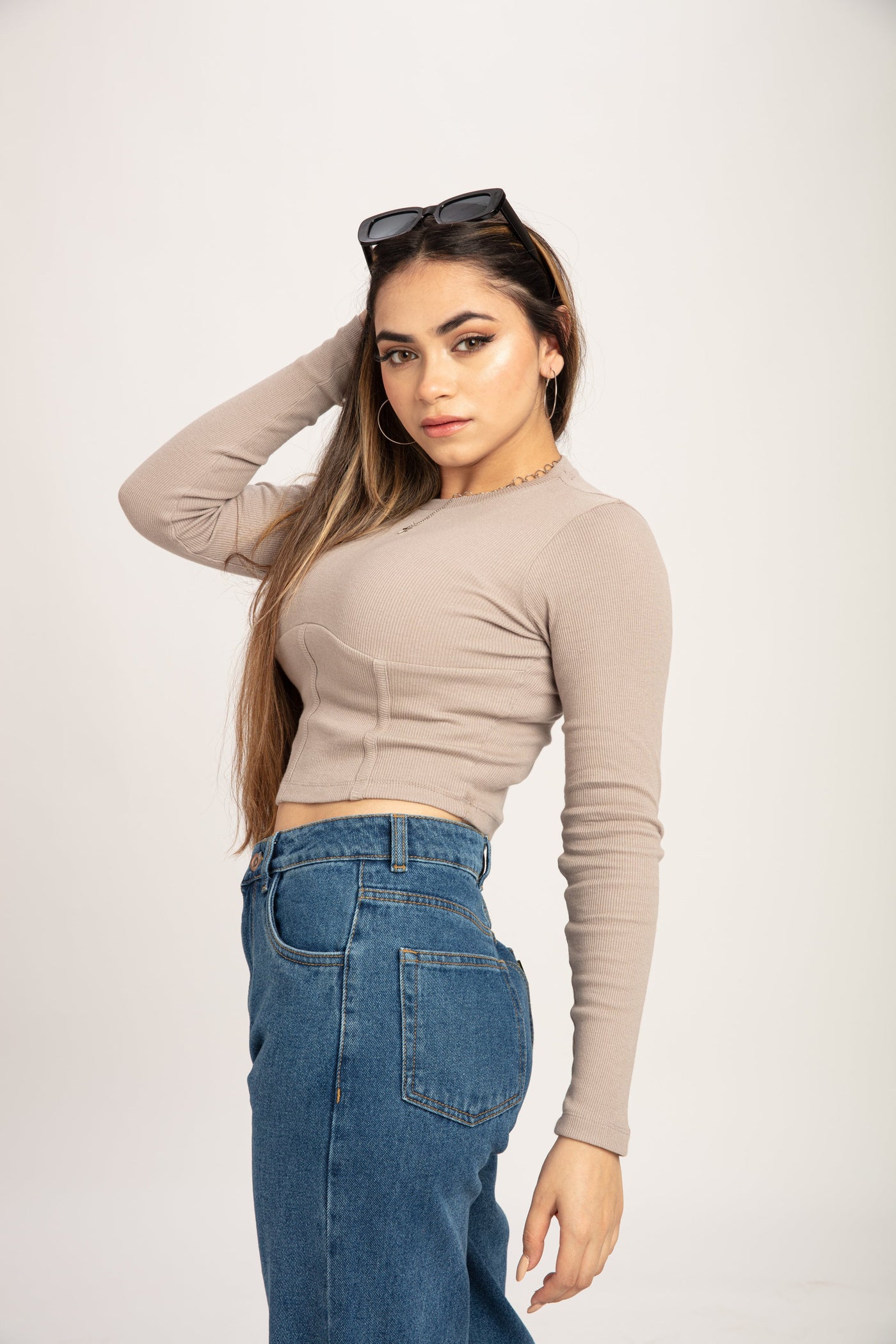 Grey Rib Corset Detail Long Sleeves Top