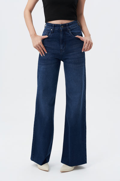 Twilight Blue Raw Hem Wide Leg Jeans