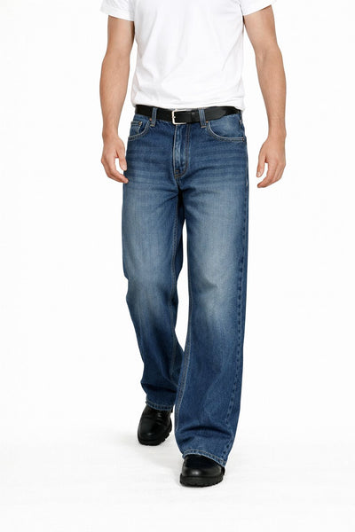 Worn Blue Whisker Wash Loose Straight Fit Jeans