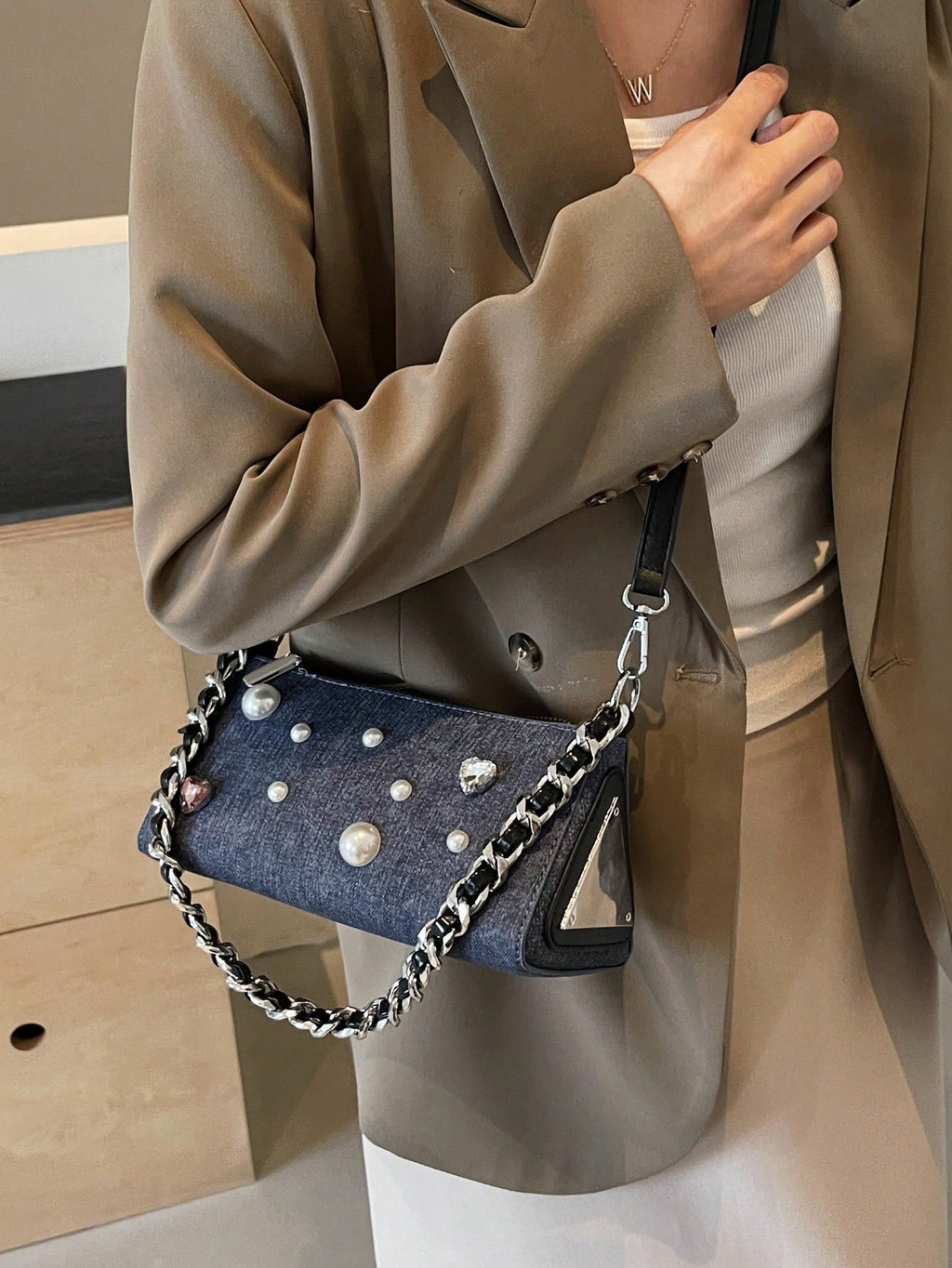 Denim Jewel Shoulder Bag