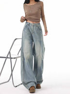 Ash Blue Mid Waist Baggy Jeans