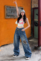 Off Beat Distressed Blue Baggy Jeans