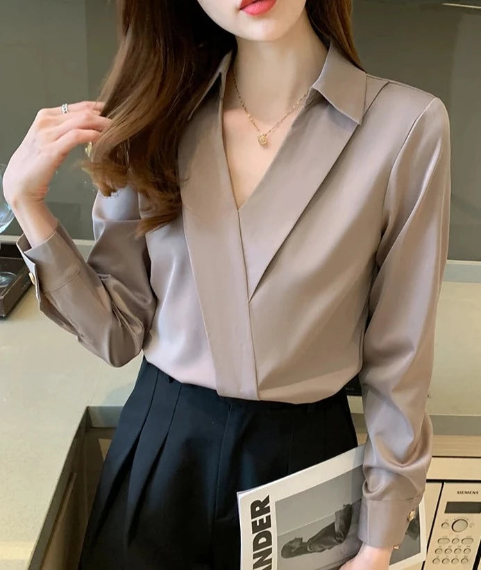 Elegant V Neck Office Shirt