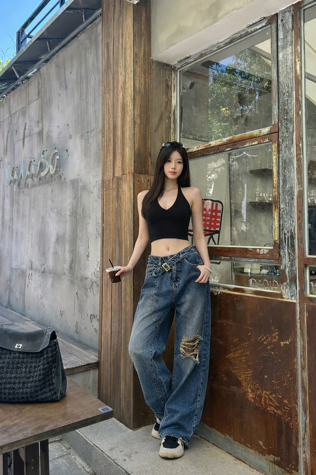 Off Beat Distressed Blue Baggy Jeans