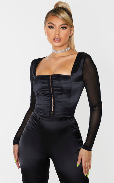 Square Neck Corset Satin Mesh Black Top