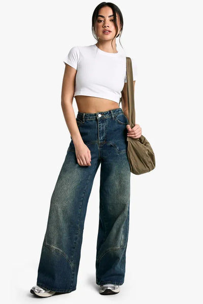 Blue Seam Detail Wide Leg Jeans