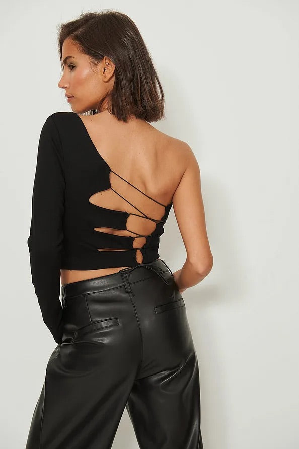 Black One Shoulder Knotty Back Top