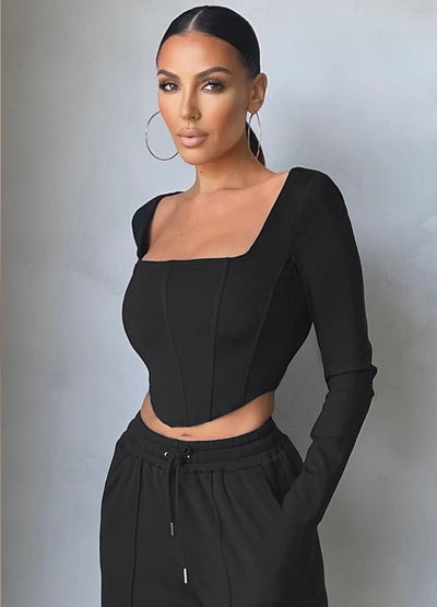 Black Long Sleeve Corset Top