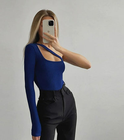 Deep Blue Cut Out One Shoulder Top