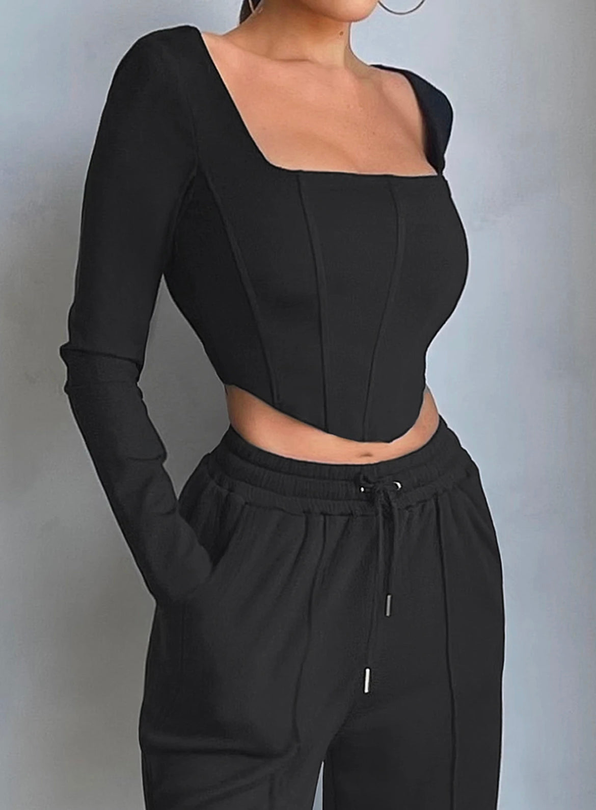 Black Long Sleeve Corset Top