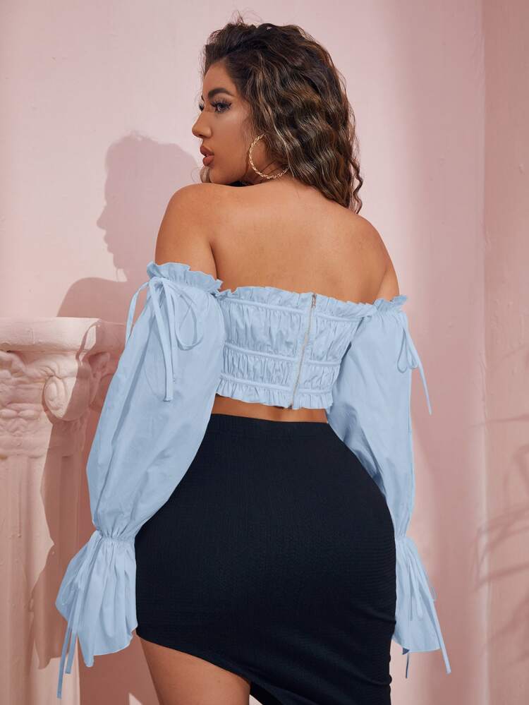 Light Blue Ruched Ballon Sleeves Top