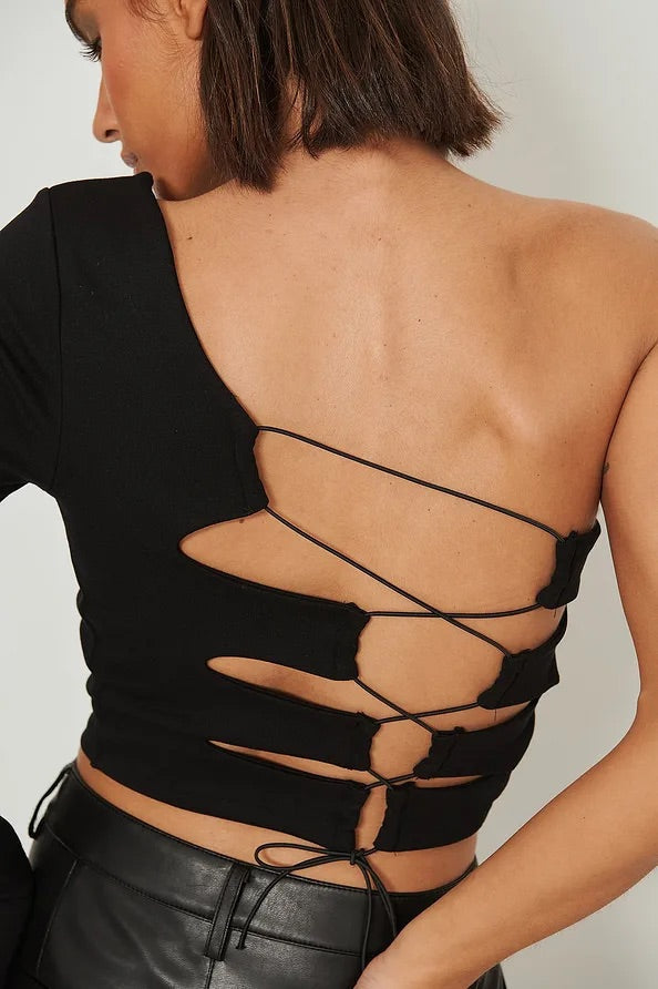 Black One Shoulder Knotty Back Top