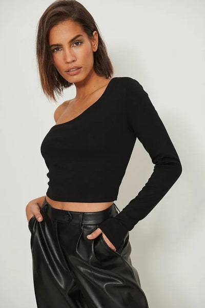 Black One Shoulder Knotty Back Top