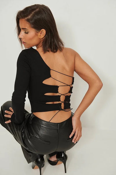 Black One Shoulder Knotty Back Top