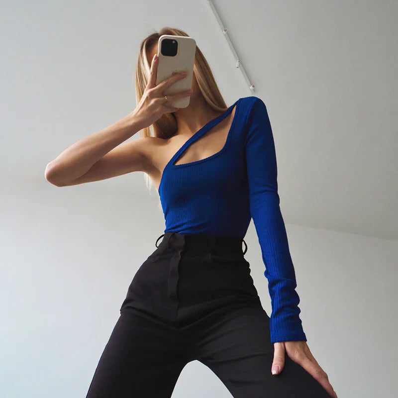 Deep Blue Cut Out One Shoulder Top