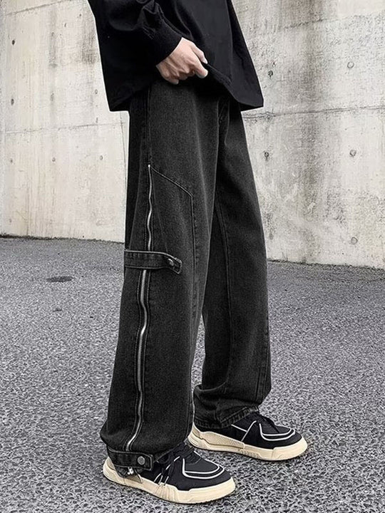 SUPADA】zipper line black denim pants Flipper Zipper Street