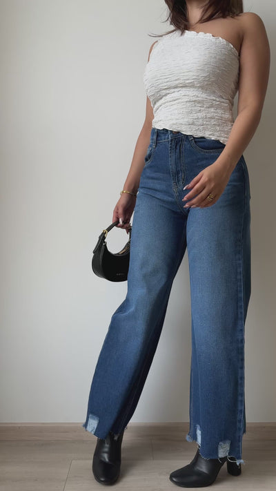 Blue Destroyed Hem Fade Wide Leg Cropped Jeans