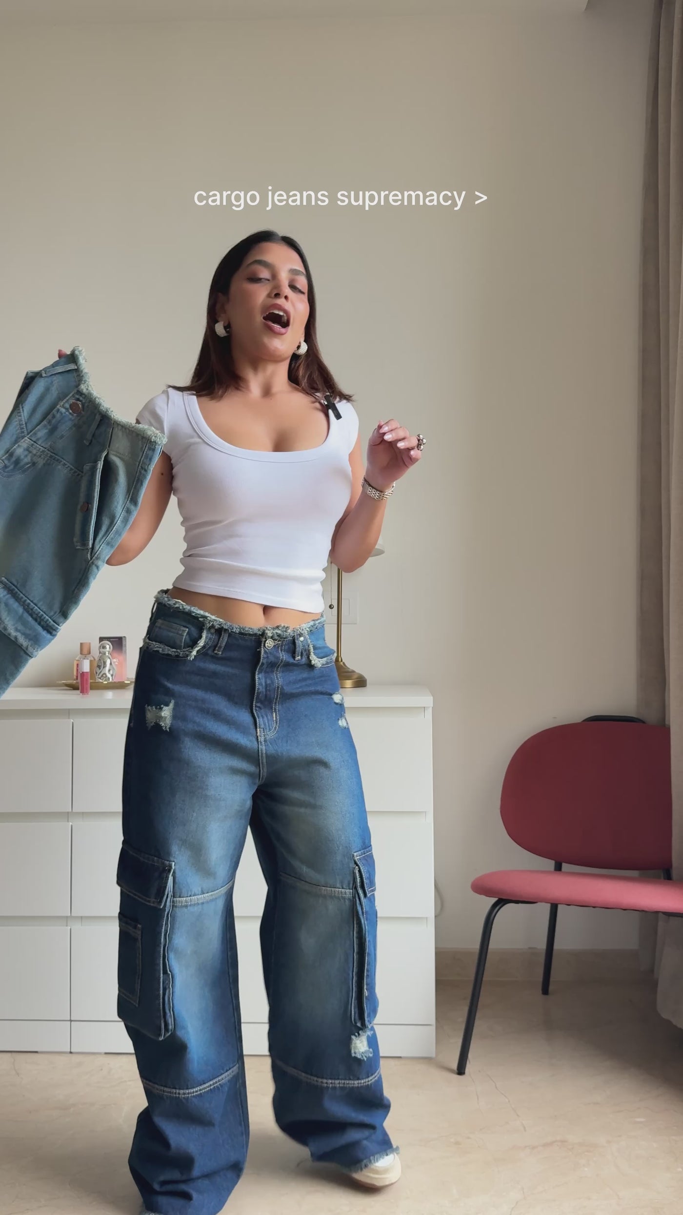 Lunar Grey Raw Waist Baggy Wide Leg Cargo Jeans