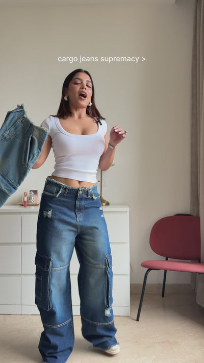 Lunar Grey Raw Waist Baggy Wide Leg Cargo Jeans
