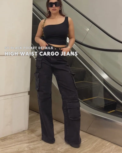 So Black Pocket Details High Waist Cargo Jeans