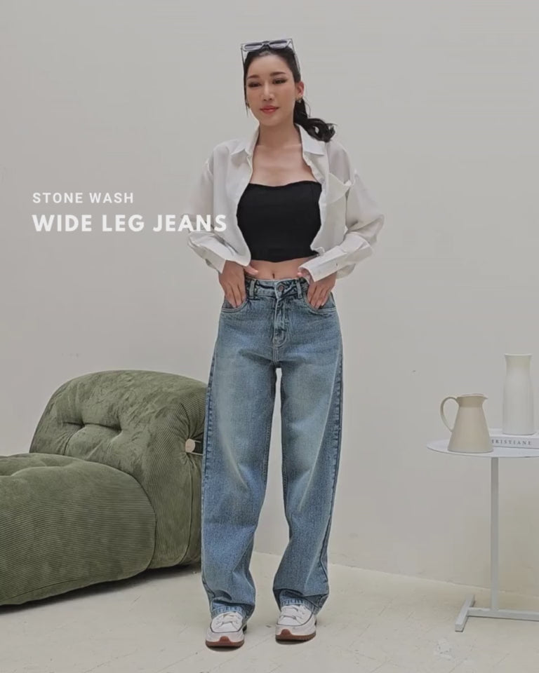 Stone Blue Korean Stretchable Wide Leg Jeans