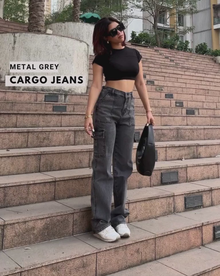 Metal Grey High Waist Cargo Jeans