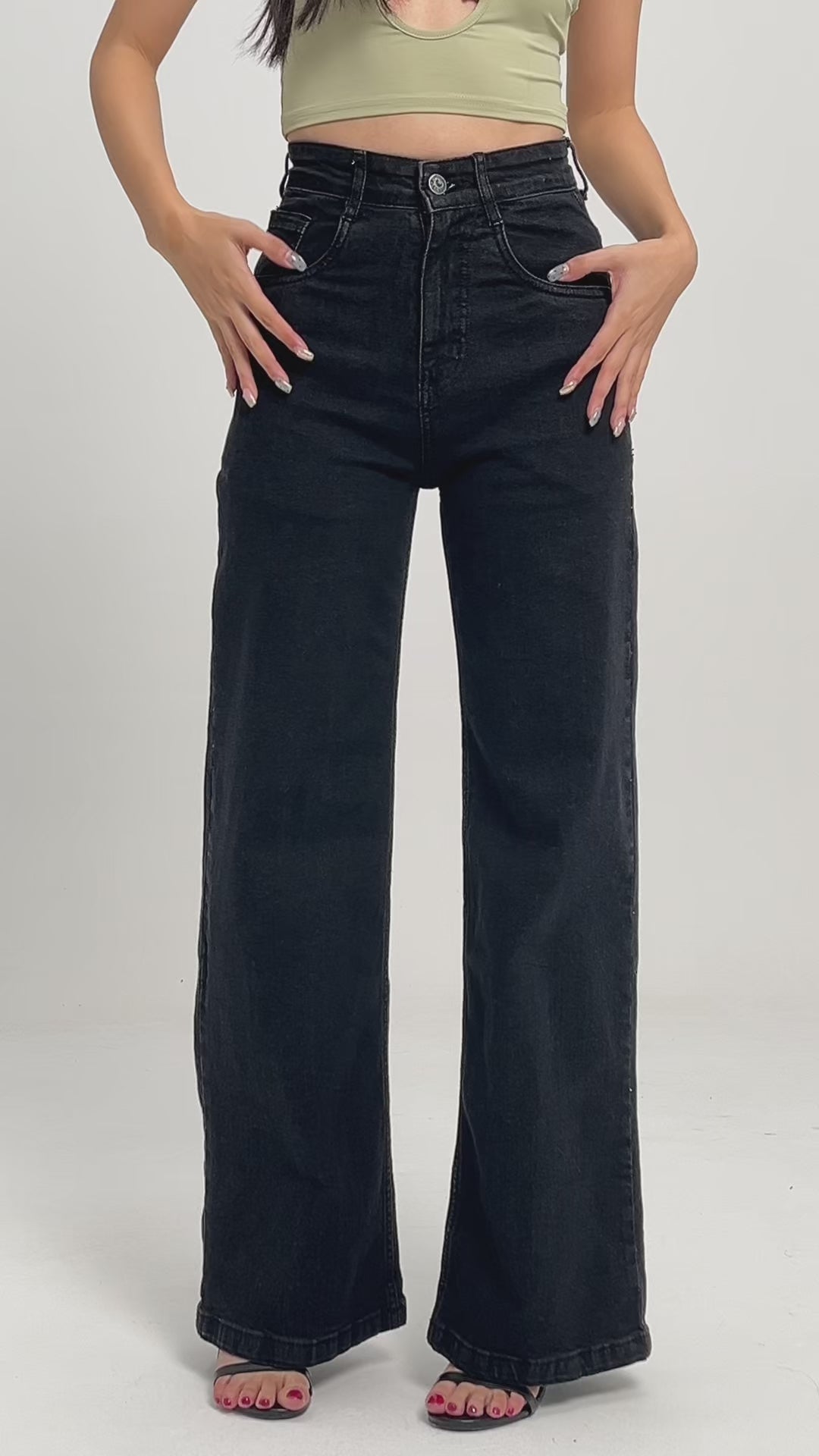 Onyx Black Stone Wash Wide Leg High Rise Jeans