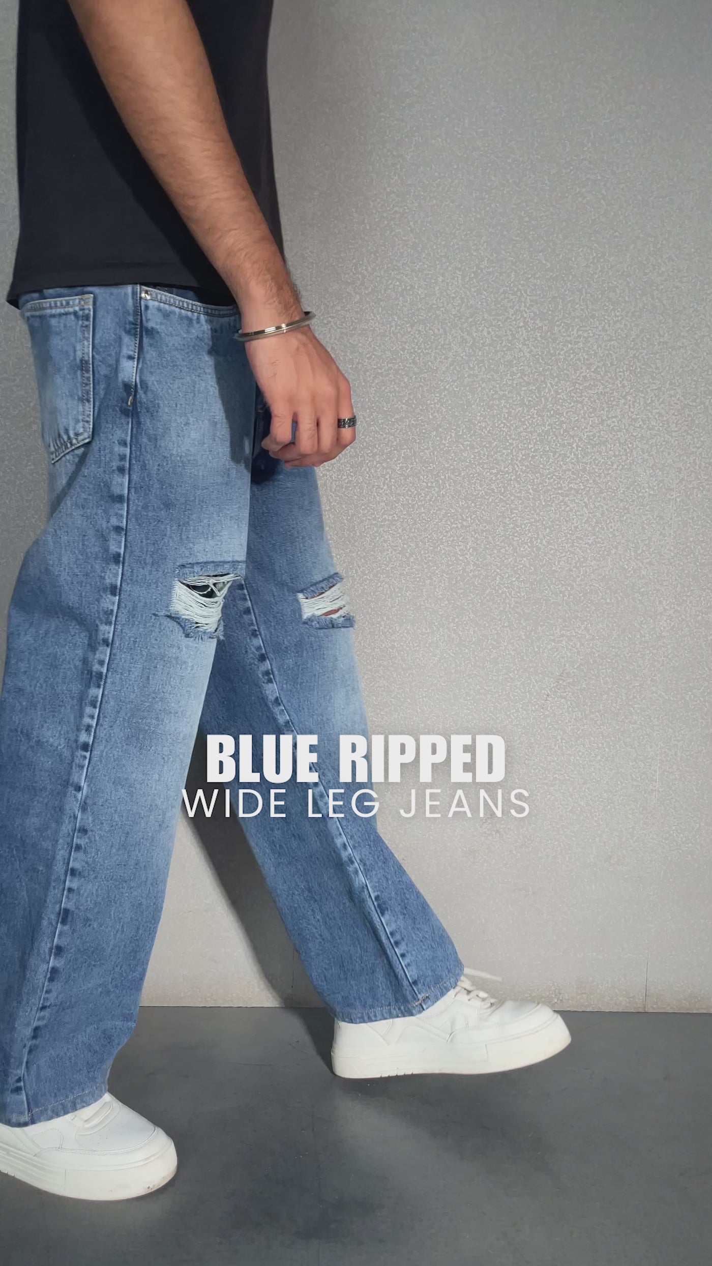 Blue Ripped Wide Leg Jeans