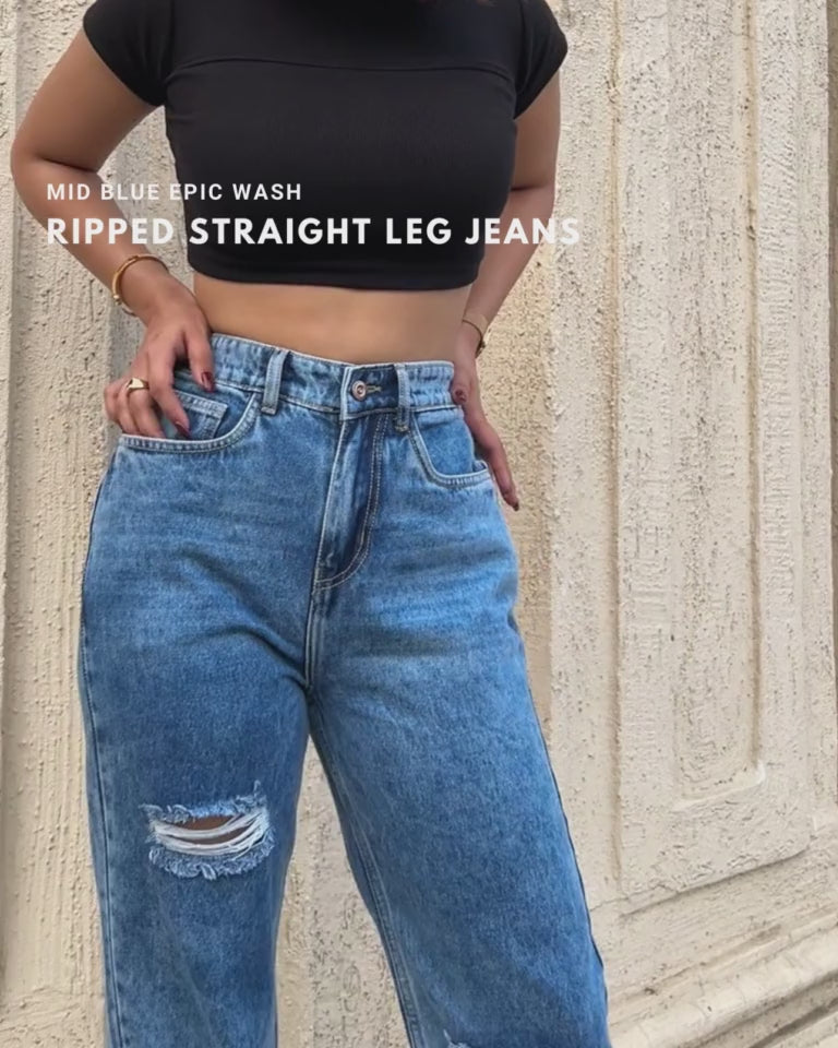 Mid Blue Epic Wash Ripped Straight Leg Jeans