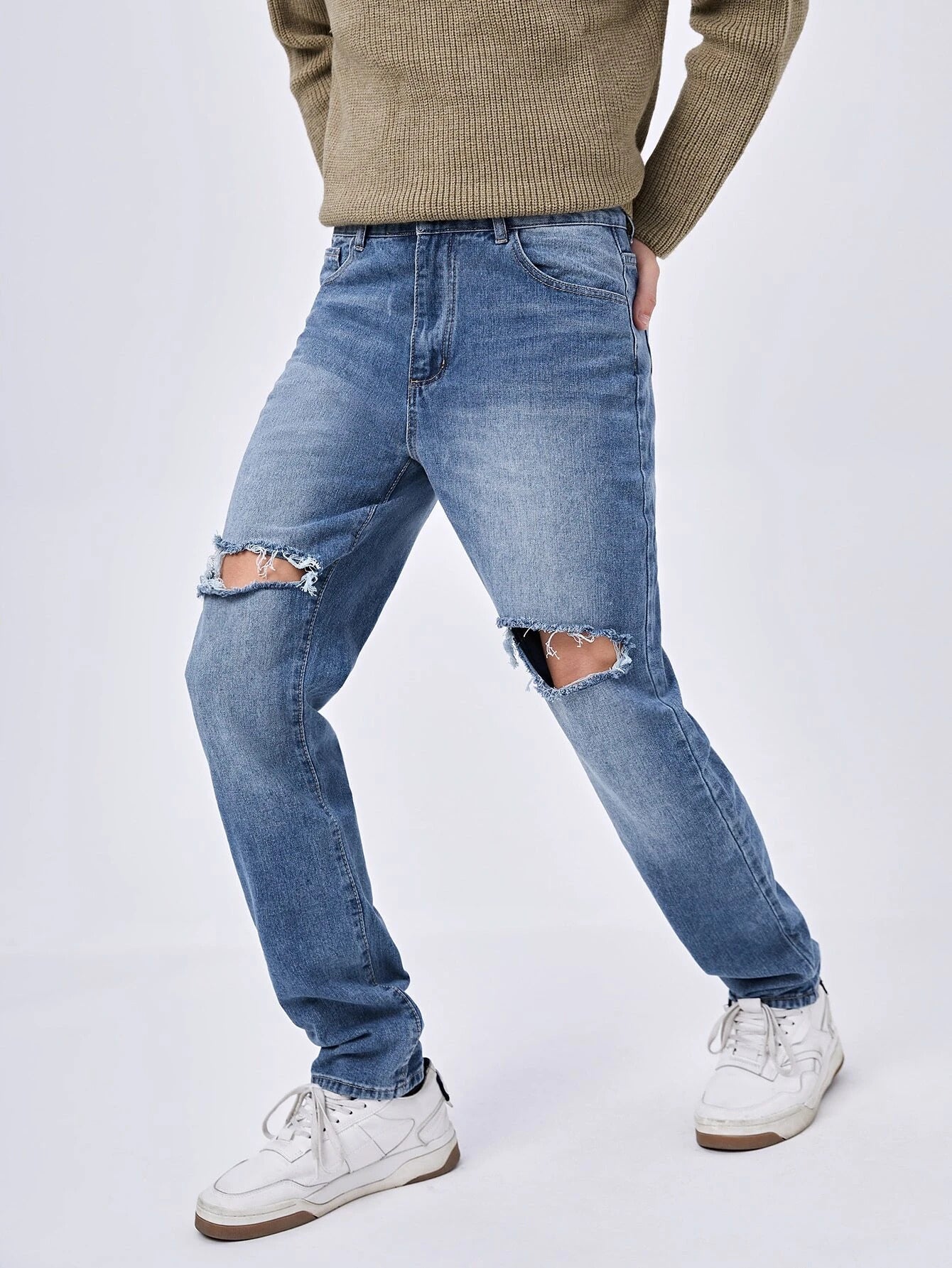 Knee Ripped Jeans - Temu