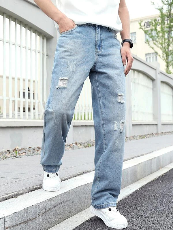 Baggy Jeans Men Light Color Jeans Pants Distress Light Blue Baggy