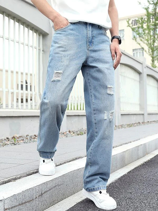 Distress Light Blue Baggy Fit Jeans