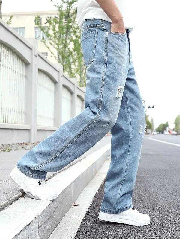 Distress Light Blue Baggy Fit Jeans