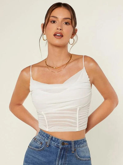 Dreamy White Ruched Mesh Crop Top
