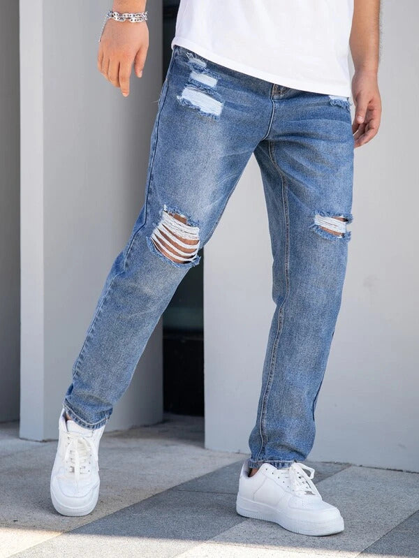 Raw Blue Wash Torn Straight Leg Baggy Men Jeans – Offduty India
